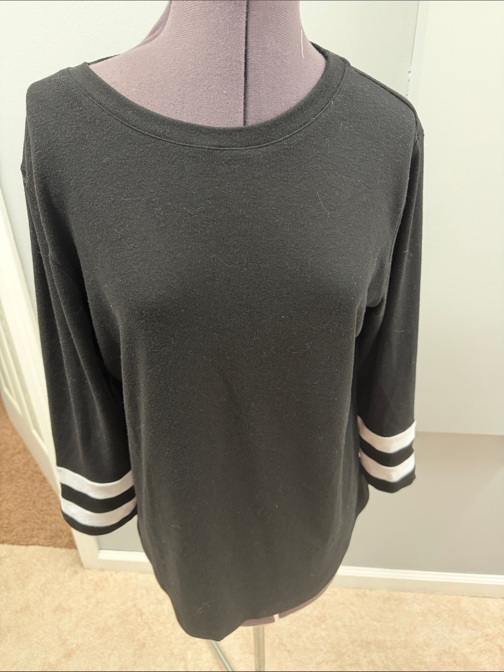 Classic Black Scoop Neck Sweater with Stripe Detail